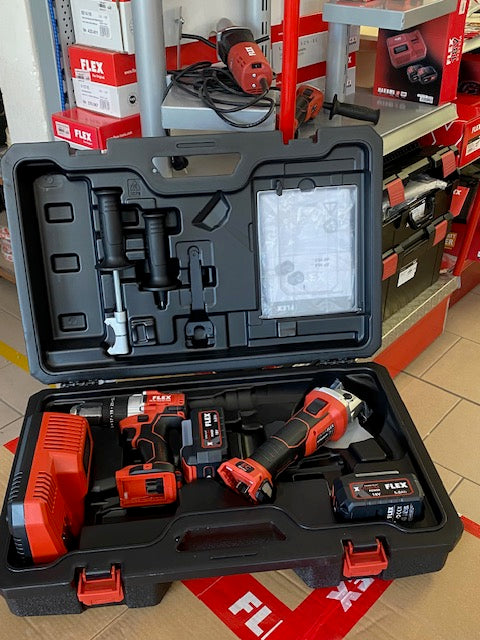 SUPER OFFERTA ULTIMI PEZZI KIT FLEX TRAPANO A PERCUSSIONE E AVVITATOREA A IMPULSI BATTERIA + SMERIGLIATRICE ANGOLARE A BATTERIA E 2 BATTERIE 5,0Ah 18 V.