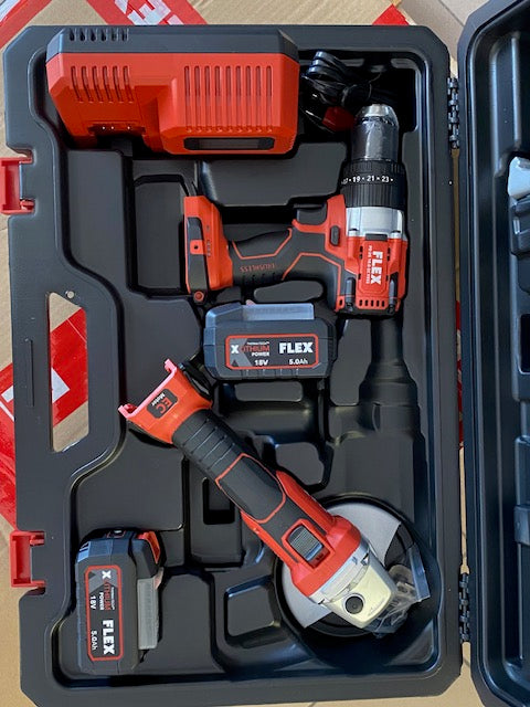 SUPER OFFERTA ULTIMI PEZZI KIT FLEX TRAPANO A PERCUSSIONE E AVVITATOREA A IMPULSI BATTERIA + SMERIGLIATRICE ANGOLARE A BATTERIA E 2 BATTERIE 5,0Ah 18 V.