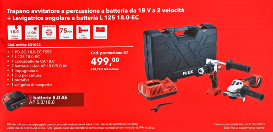 SUPER OFFERTA ULTIMI PEZZI KIT FLEX TRAPANO A PERCUSSIONE E AVVITATOREA A IMPULSI BATTERIA + SMERIGLIATRICE ANGOLARE A BATTERIA E 2 BATTERIE 5,0Ah 18 V.